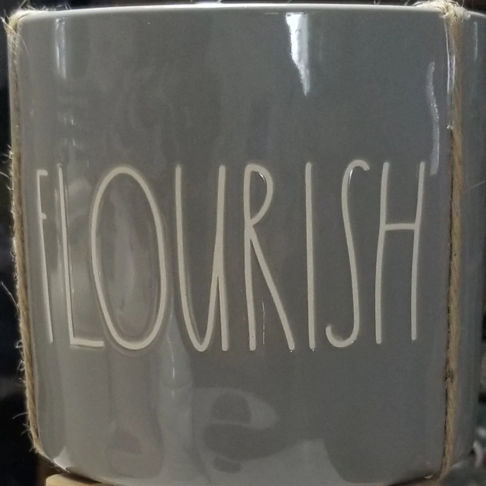 Rae Dunn ceramic Gray FLOURISH 5 1/2" planter with wood stand flower plant - Picture 2 of 5